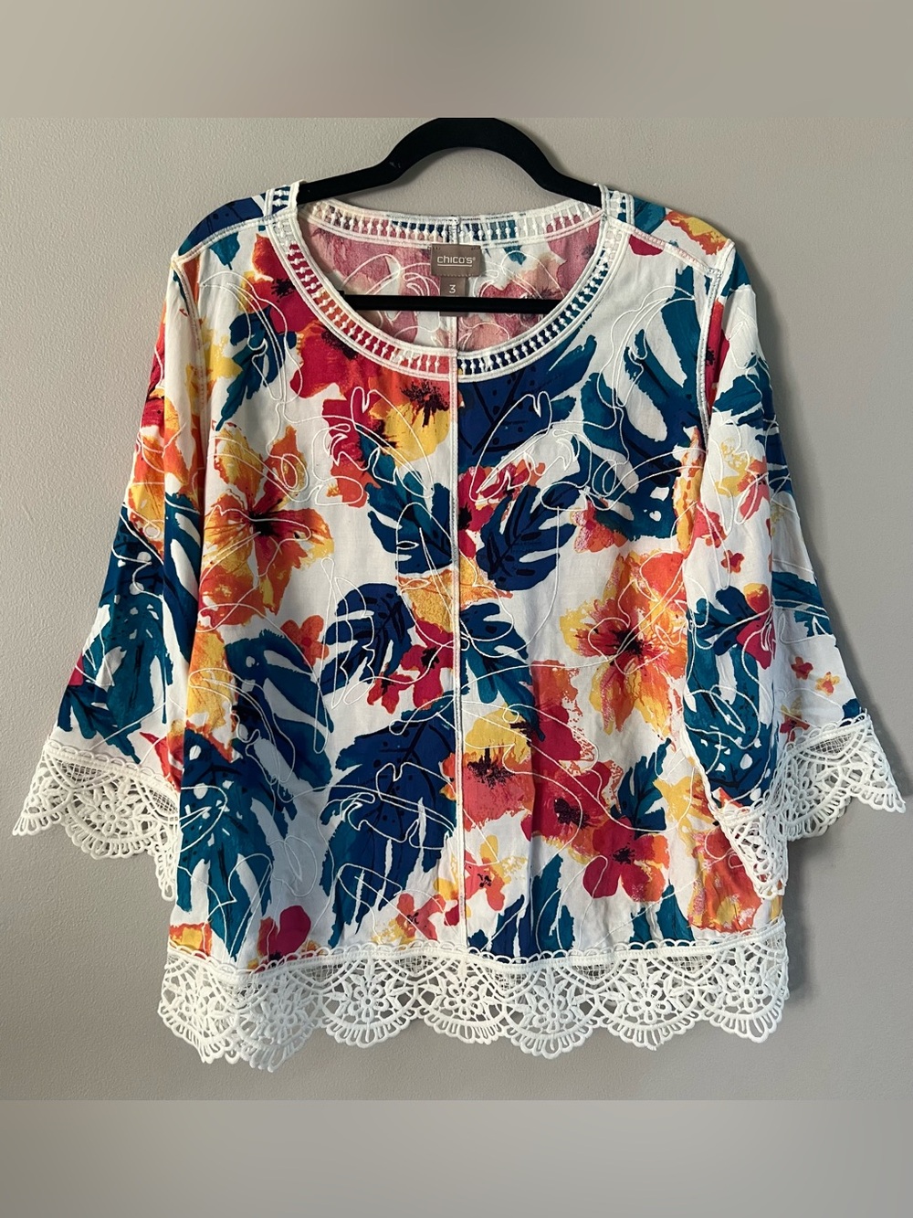 Chico's White Floral Crochet-Trim Tunic Top - Blue, Red, Yellow
